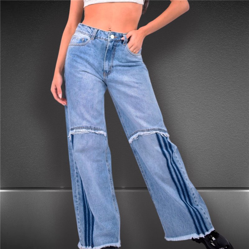 Mujer Pantalon jean wide leg frente desflecado lineas - BE