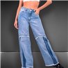 Mujer Pantalon jean wide leg frente desflecado lineas - BE