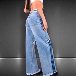 Mujer Pantalon jean wide leg frente desflecado lineas - BE