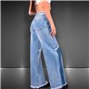 Mujer Pantalon jean wide leg frente desflecado lineas - BE