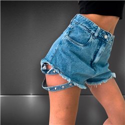 Mujer short jean rigido tiras tachas al costado - EM