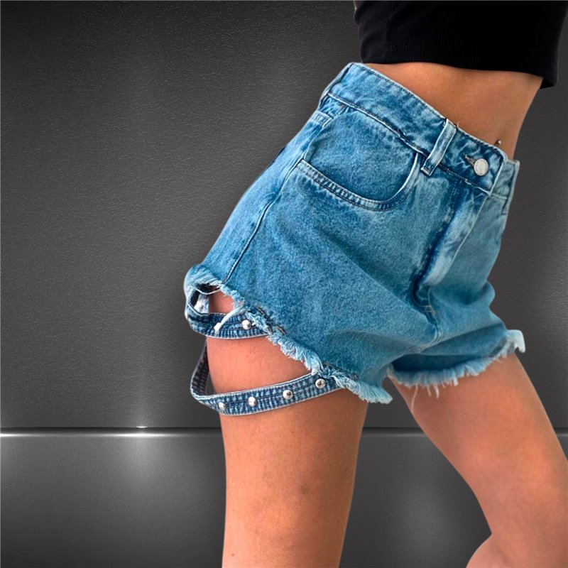 Mujer short jean rigido tiras tachas al costado - EM