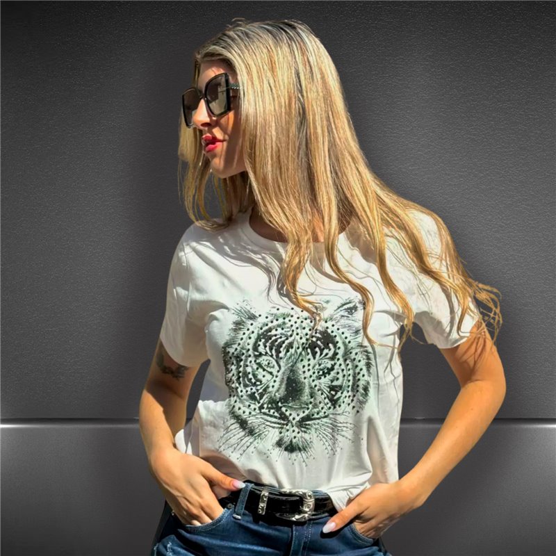 Mujer remera algodon lycra estampa cara tigre brillos - FRA