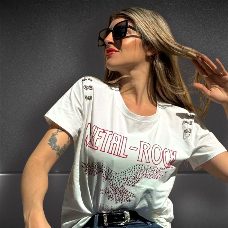 Mujer remera algodon lycra mangas arandelas estampa METAL ROCK - FRA