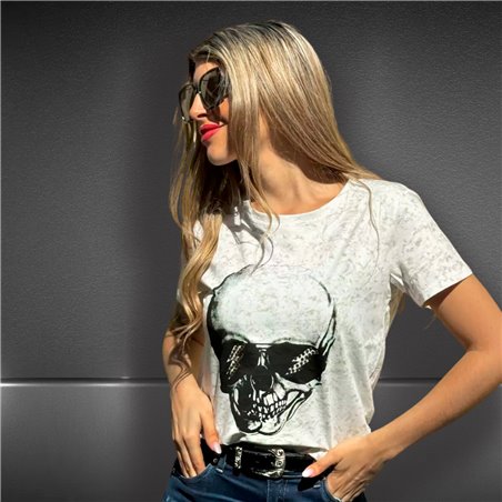 Mujer remera algodon lycra estampa CALAVERA ESTRASS RAYOS - FRA