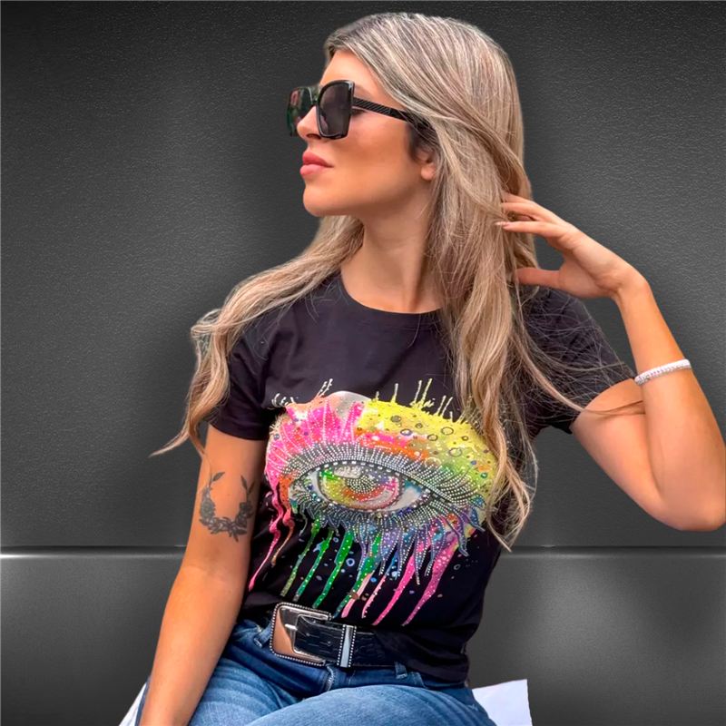 Mujer Remera algodon lycra estampa OJO brillo estrass - FRA