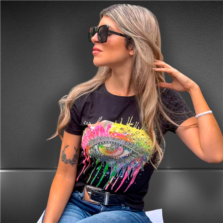 Mujer Remera algodon lycra estampa OJO brillo estrass - FRA