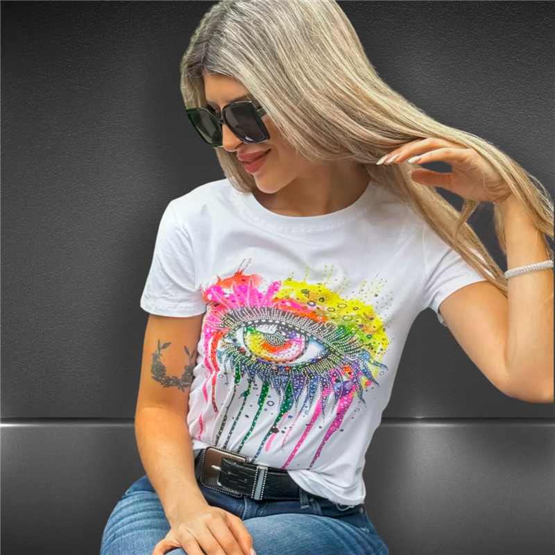 Mujer Remera algodon lycra estampa OJO brillo estrass - FRA