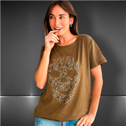 Mujer Remera algodon lycra estampa calavera tachas estrellas - FRA