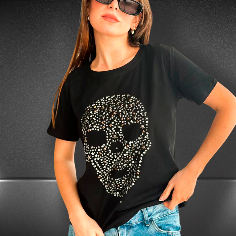 Mujer Remera algodon lycra estampa calavera tachas estrellas - FRA