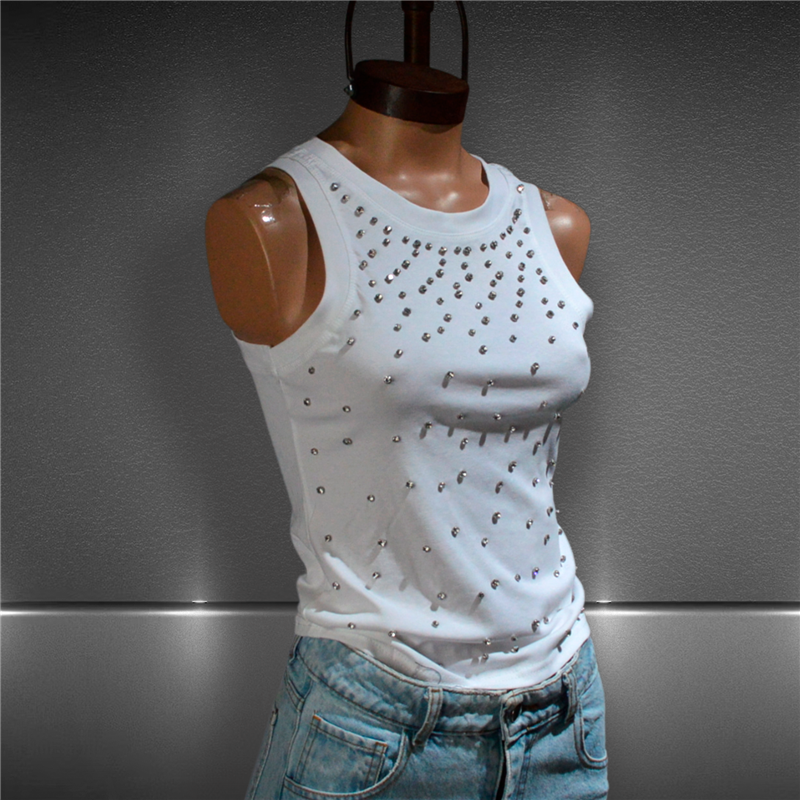 Mujer Musculosa algodon lycra frente tachas estrass - FRA