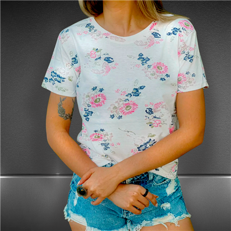 Mujer Remera algodon engomada estampa flores fucsias - FRA