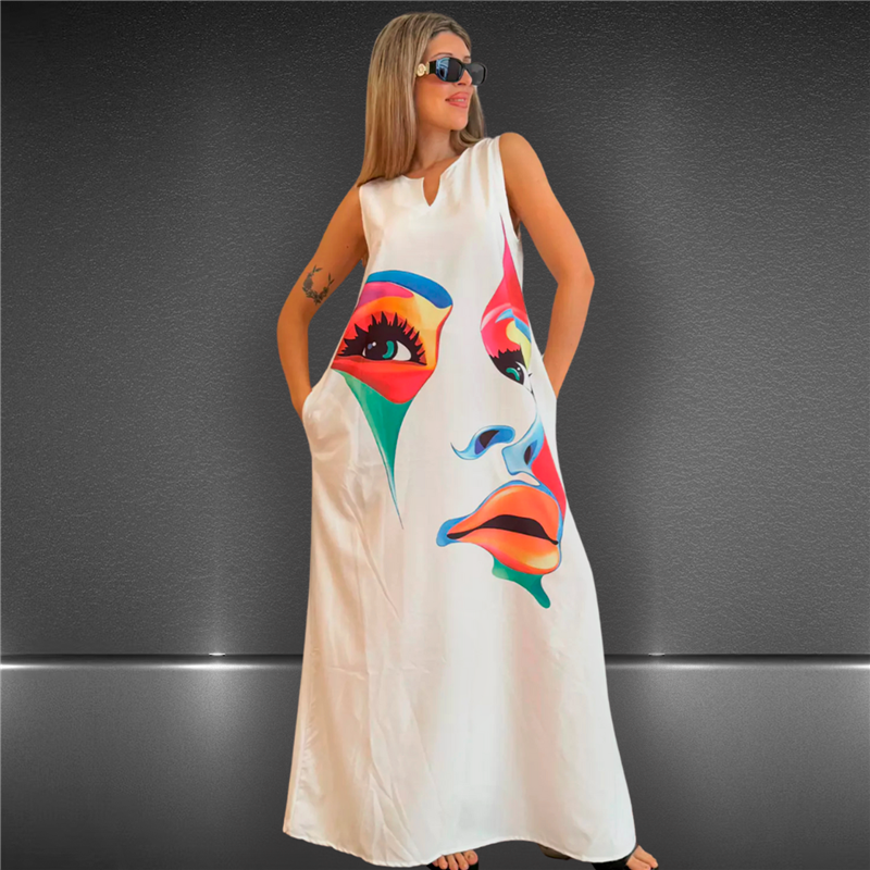 Mujer Vestido creep largo estampa rostro - FRA