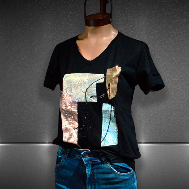 Mujer Remera algodon lycra estampa rostro brillos - FRA