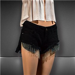 Mujer Short jean tiro corto frente flecos estrass colgantes - BL