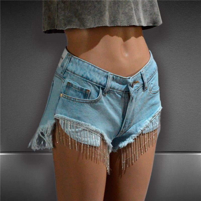 Mujer Short jean tiro corto frente flecos estrass colgantes - BL