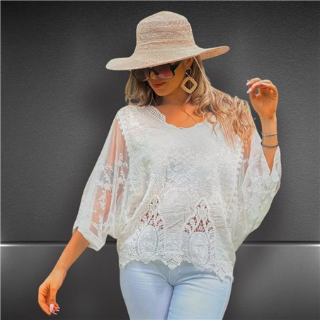 Mujer Blusa lino bordado flores mangas amplias - FRA