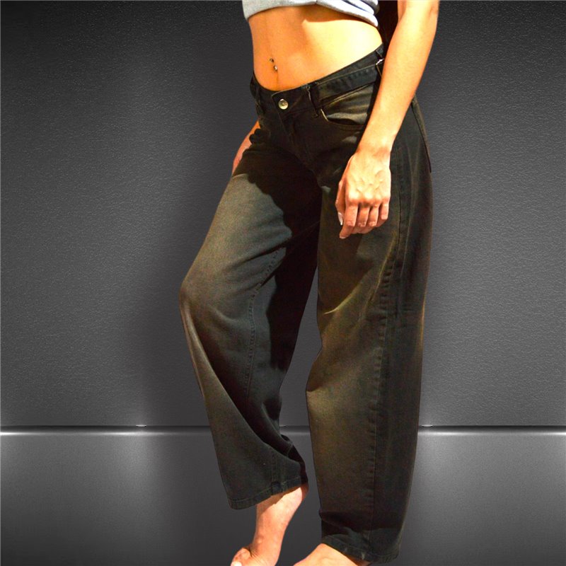 Mujer Pantalon jean baggy rigido tiro corto hebilla en cintura - BE