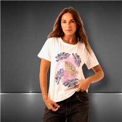 Mujer Remera algodon lycra estampa hojas fondo color - FRA