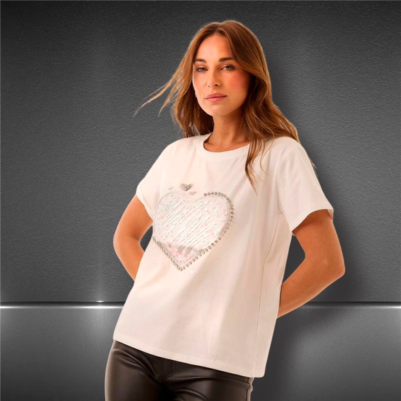 Mujer Remera algodon lycra estampa corazon flores garabato estrass - FRA