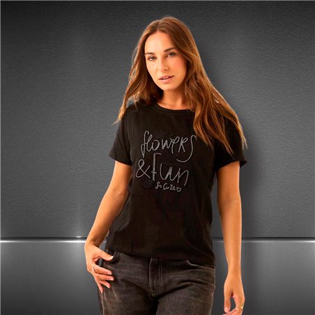Mujer Remera algodon lycra estampa relieve estrass FLOWERS y FUN - FRA