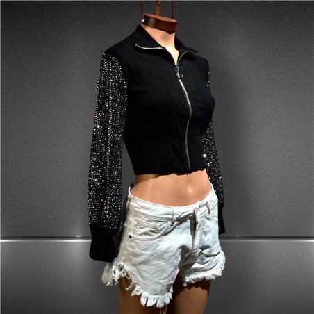 Mujer Campera lycra corta mangas brillo calavera en espalda - G