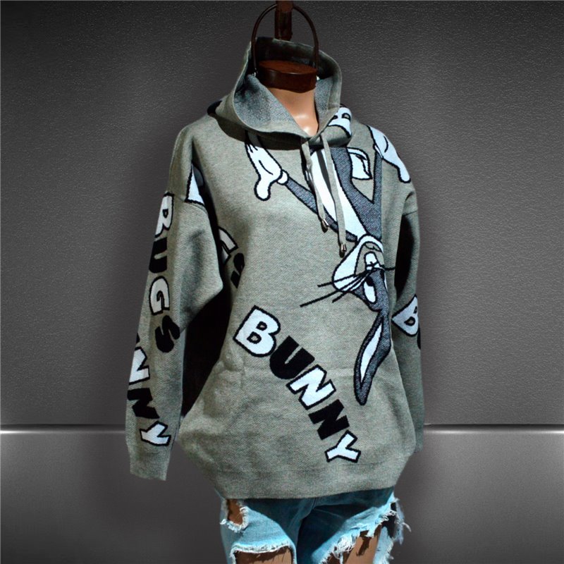 Mujer Sweater tejido lana capucha estampa conejo BAD BUNNY - ANY