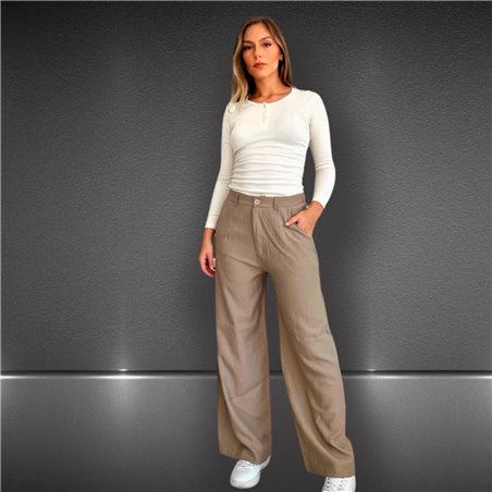 Mujer Pantalon lino wide leg cintura elastica - EM