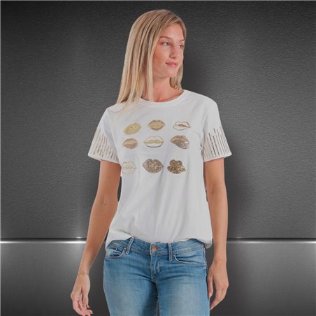 Mujer Remera algodon lycra estampa besitos  brillo dorado - FRA