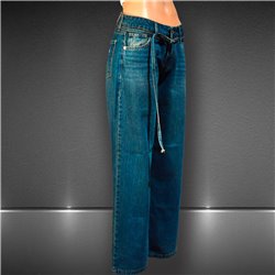 Mujer pantalon jean rigido wide leg tiro corto cintura tira- BL