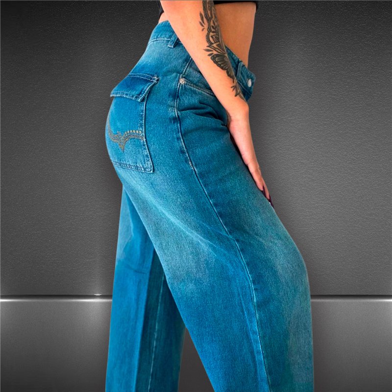 Mujer pantalon jean recto bordado en tapa de bolsillo - EM