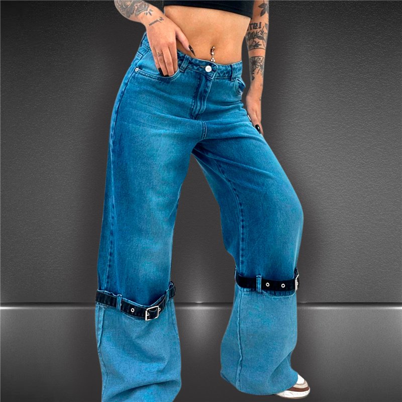 Mujer pantalon jean recto combinado cinto en piernas - EM
