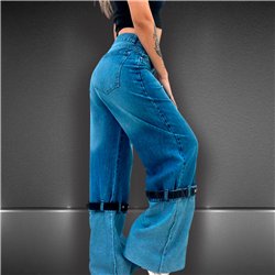 Mujer pantalon jean recto combinado cinto en piernas - EM