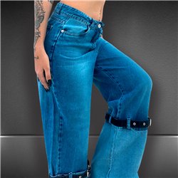 Mujer pantalon jean recto combinado cinto en piernas - EM