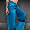 Mujer pantalon jean recto combinado cinto en piernas - EM