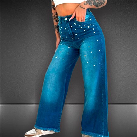 Mujer pantalon jean wide leg frente piedras - EM