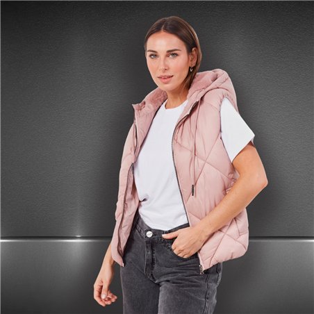 Mujer chaleco puffer con piel capucha - HL