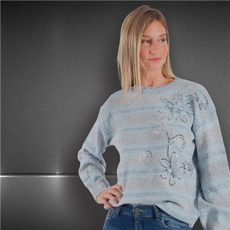 Mujer sweater tejido lana frente bordado flores lentejuelas - FRA