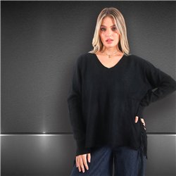 Mujer sweater bremer amplio escote V flecos laterales - FRA