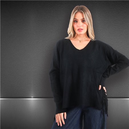 Mujer sweater bremer amplio escote V flecos laterales - FRA
