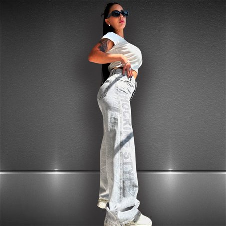 Mujer pantalon jean wide leg letras brillos laterales - LL