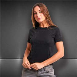 Mujer remera algodon lycra frente estrass negro - FRA