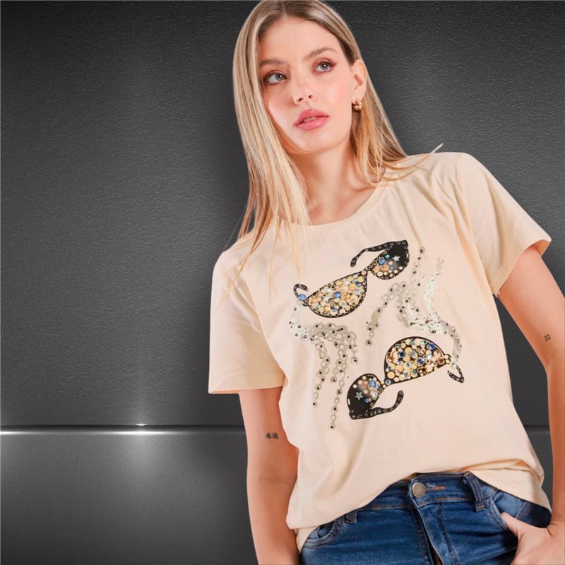 Mujer remera algodon estampa anteojos piedras - FRA