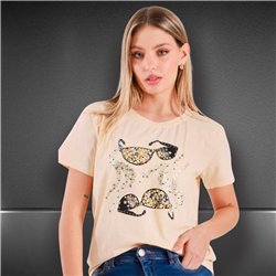 Mujer remera algodon estampa anteojos piedras - FRA