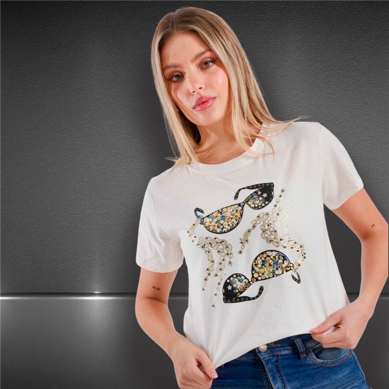Mujer remera algodon estampa anteojos piedras - FRA