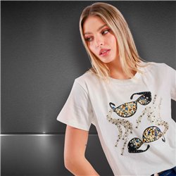 Mujer remera algodon estampa anteojos piedras - FRA