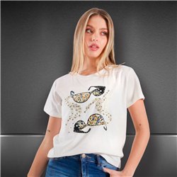 Mujer remera algodon estampa anteojos piedras - FRA