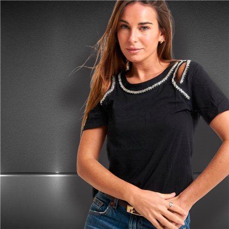 Mujer remera algodon lycra superpuesta bordada canutillos - FRA