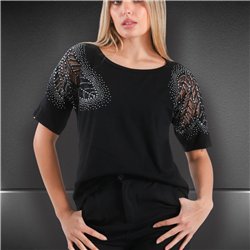 Mujer remera algodon lycra hombro bordado estrass - FRA
