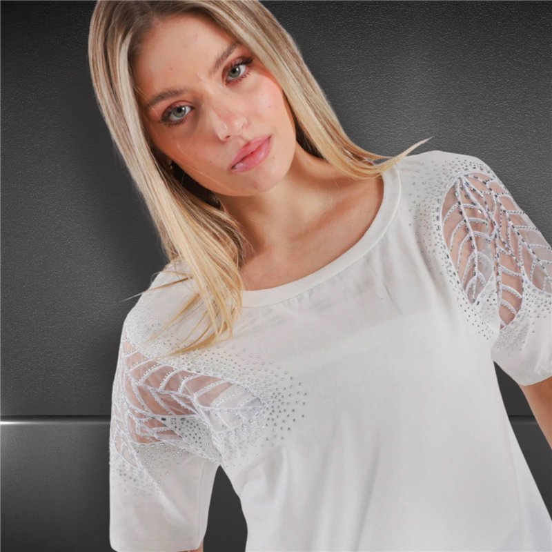 Mujer remera algodon lycra hombro bordado estrass - FRA